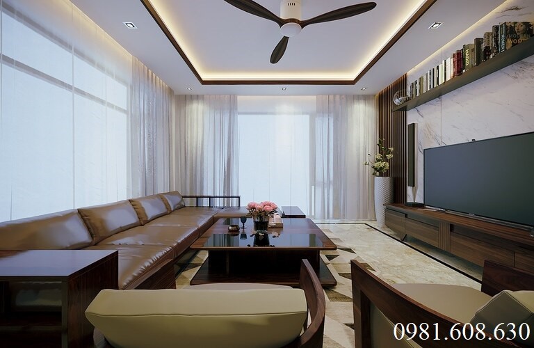 Thi công nội thất phòng khách bằng gỗ óc chó chất lượng tại chung cư Vinhome Cầu Giấy