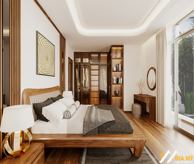 Giường ngủ gỗ óc chó chung cư với màu sáng mang lại phong cách trẻ trung
