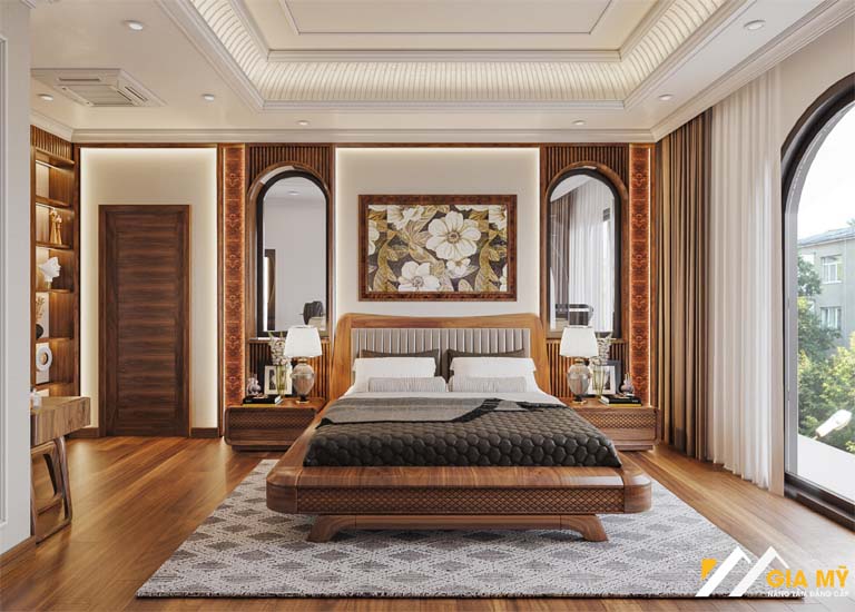 Giường ngủ gỗ óc chó chân quỳ tạo cảm giác mềm mại tinh tế