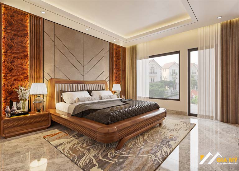 Giường ngủ gỗ óc chó chung cư kết hợp nền gạch trắng tạo không gian đẳng cấp