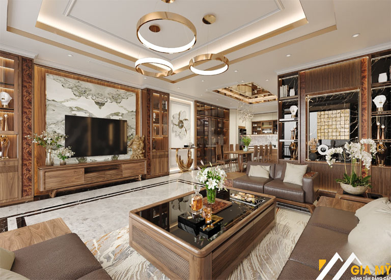 Kết hợp bàn ghế, kệ ti vi cho nội thất gỗ óc chó chung cư nâng tầm đẳng cấp